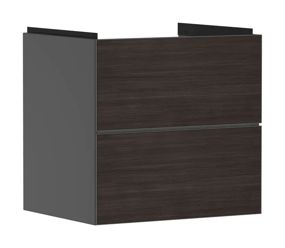 Waschtischunterschrank in Schiefergrau mit zwei Schubkästen. Hansgrohe-Design, geeignet für die Montage unter einem Waschbecken. Schlichte, funktionale Einrichtungslösung.